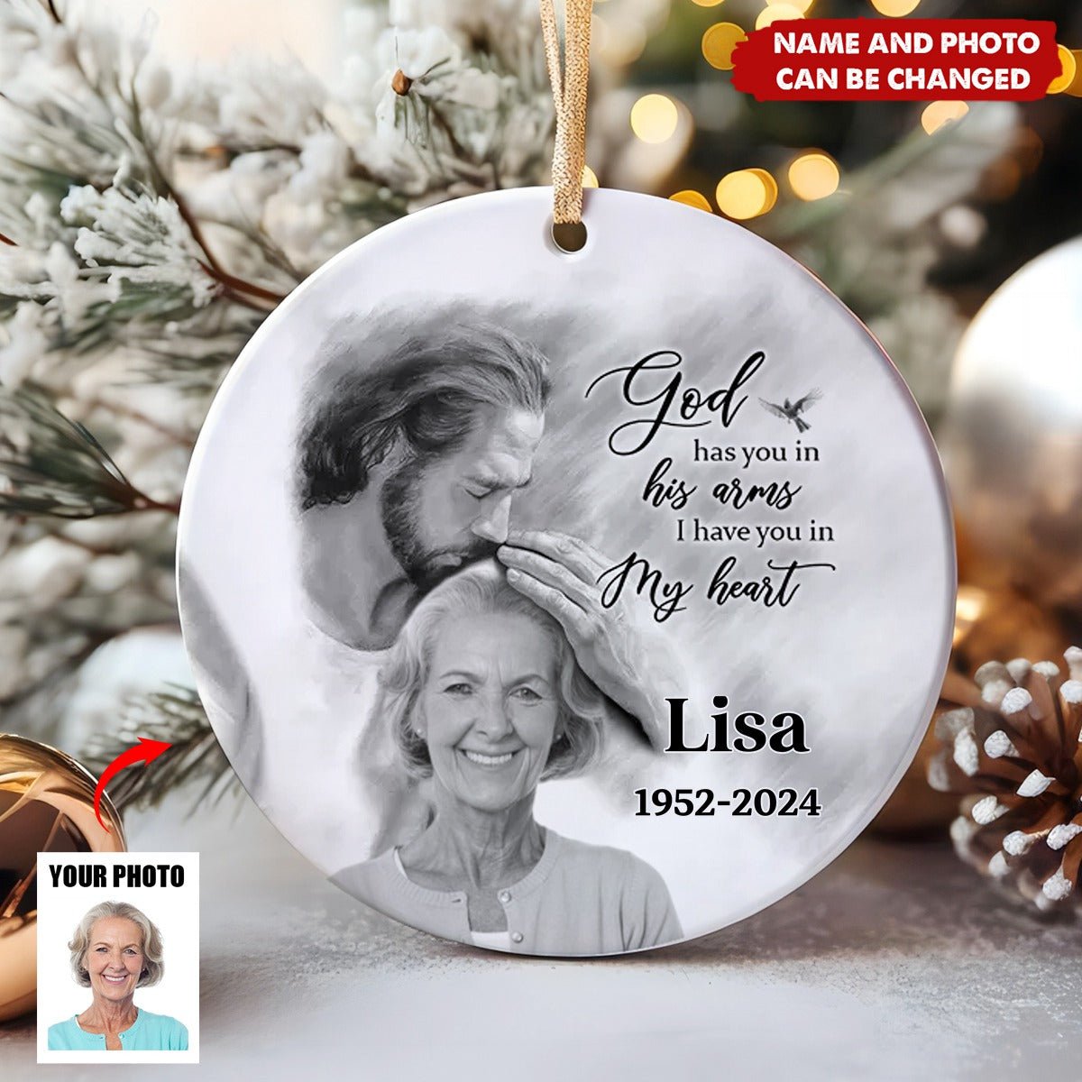 Personalized Memorial God Has You In His Arms Circle Ceramic Ornament - Image 2