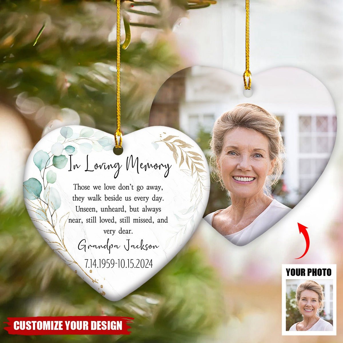 Custom Photo In Loving Memory - Memorial Personalized Heart Shaped Ceramic Ornament