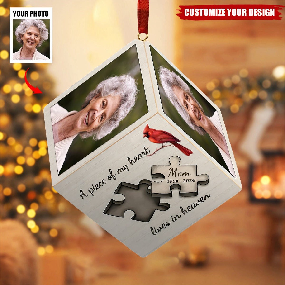 Custom Photo A Piece Of My Heart - Memorial Personalized Wooden Cube Ornament - Image 2