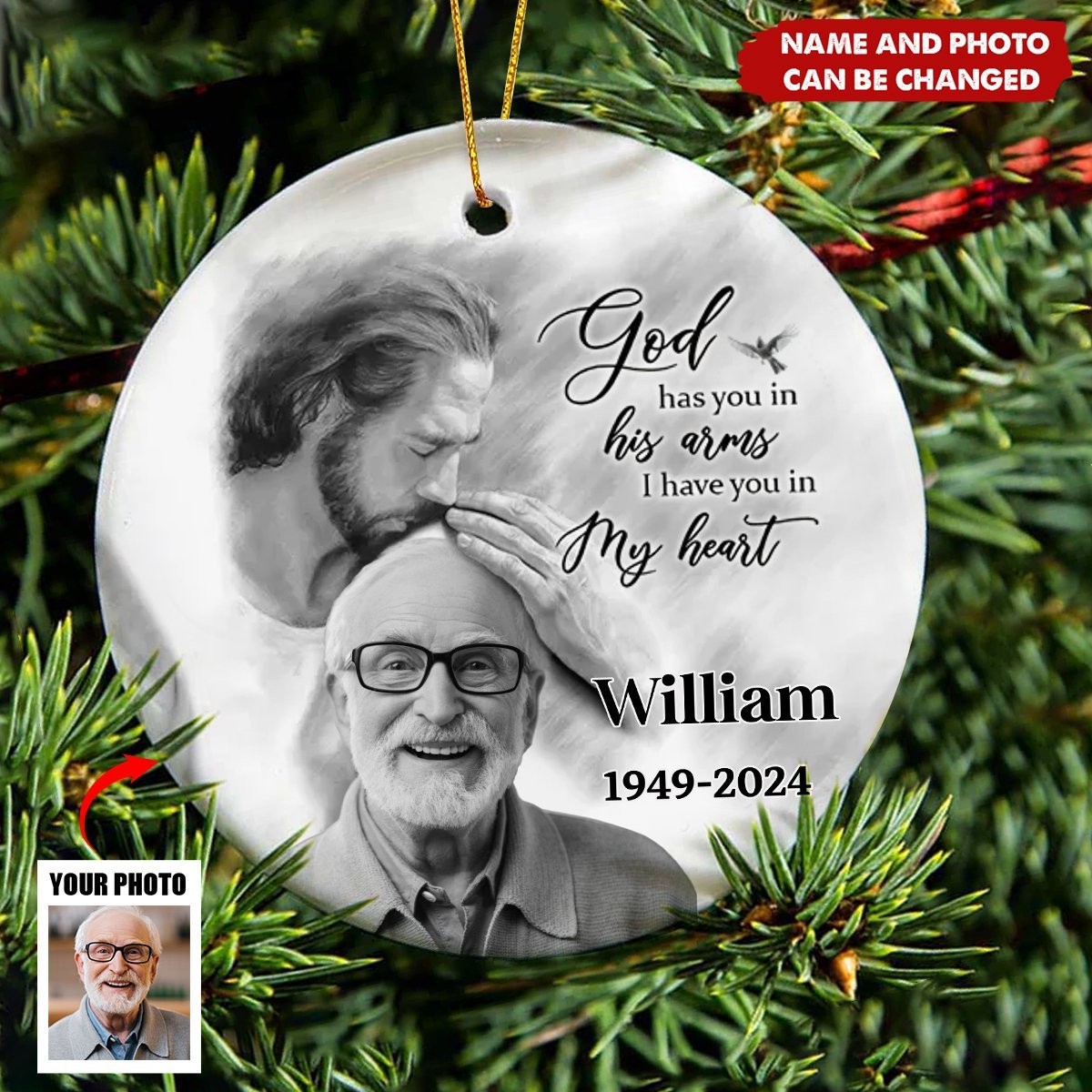 Personalized Memorial God Has You In His Arms Circle Ceramic Ornament - Image 3