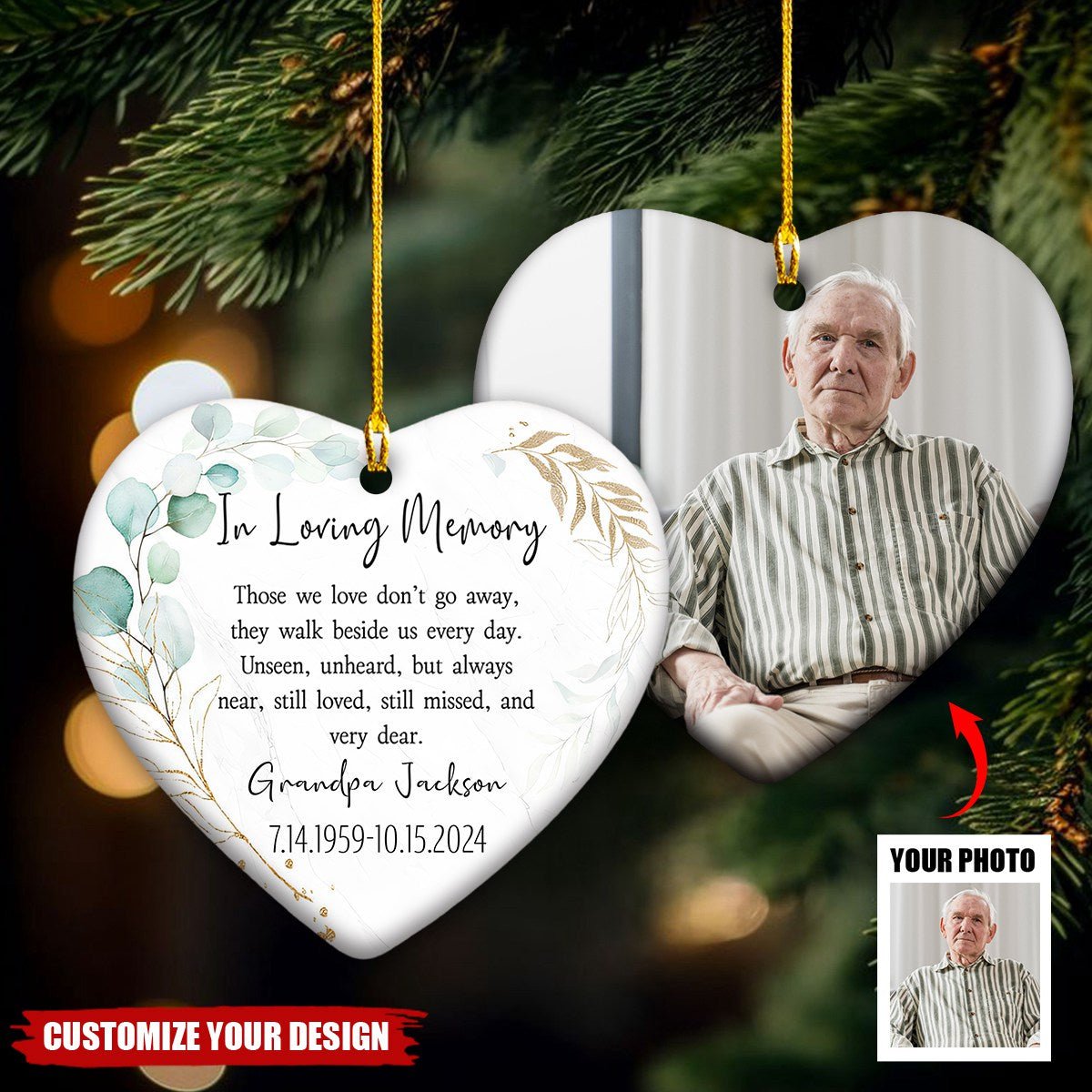 Custom Photo In Loving Memory - Memorial Personalized Heart Shaped Ceramic Ornament - Image 2