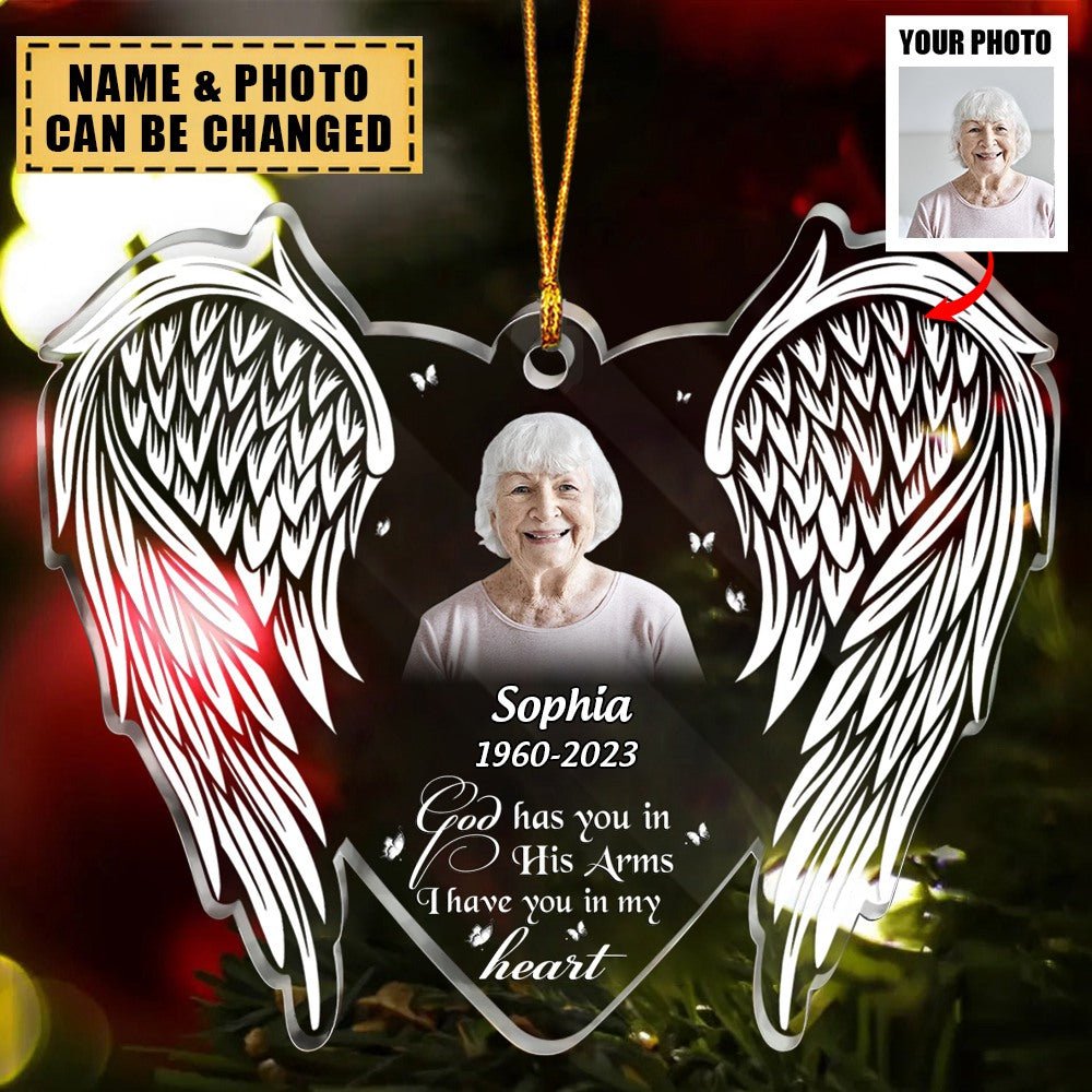 Custom Personalized Memorial Photo Ornament - Christmas/Memorial Gift Idea for Family - God Has You In His Arms I Have You In My Heart - Image 2