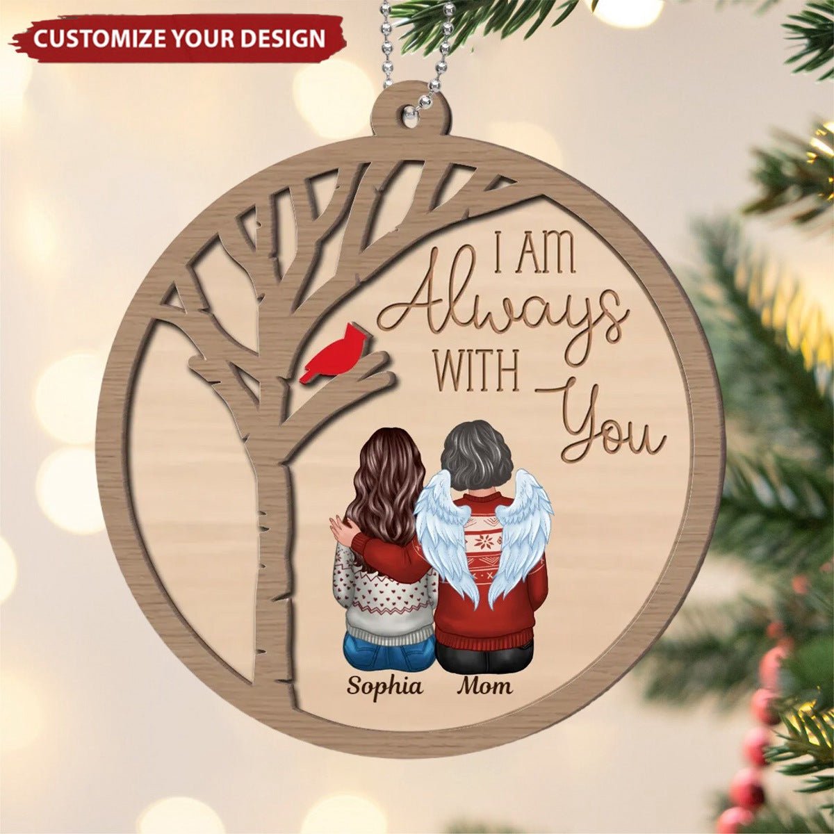Always With You Cardinal Family Memorial Christmas Personalized 2-Layer Wooden Ornament - Image 2