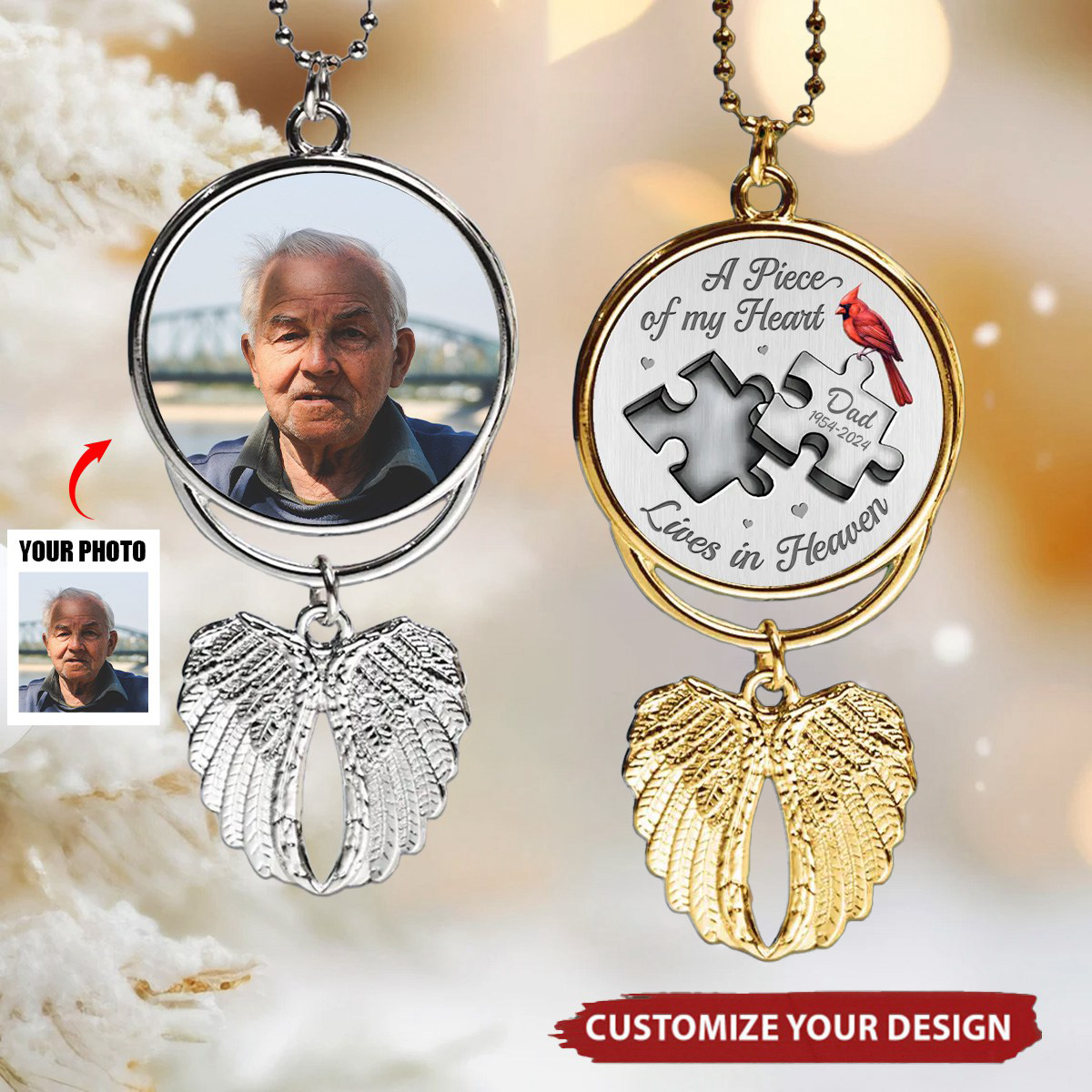 Custom Photo A Piece Of My Heart Lives In Heaven - Personalized Memorial Charm Angel Wings Ornament - Image 2