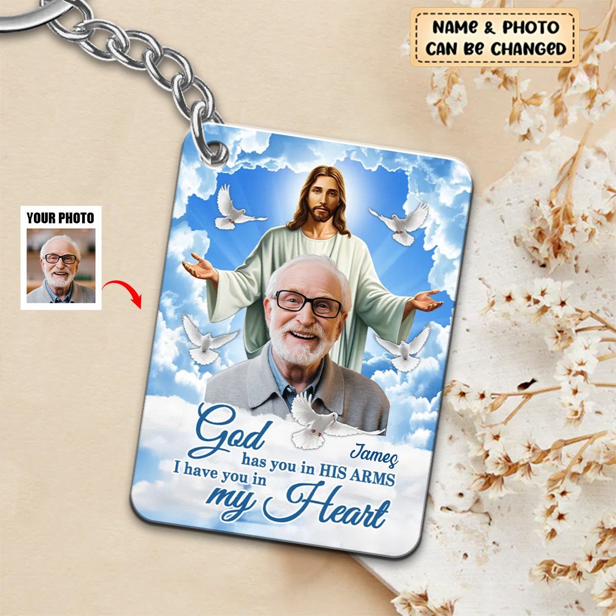 God Has You In His Arms Sky Memorial Sympathy Gift - Personalized Photo Acrylic Keychain - Image 2