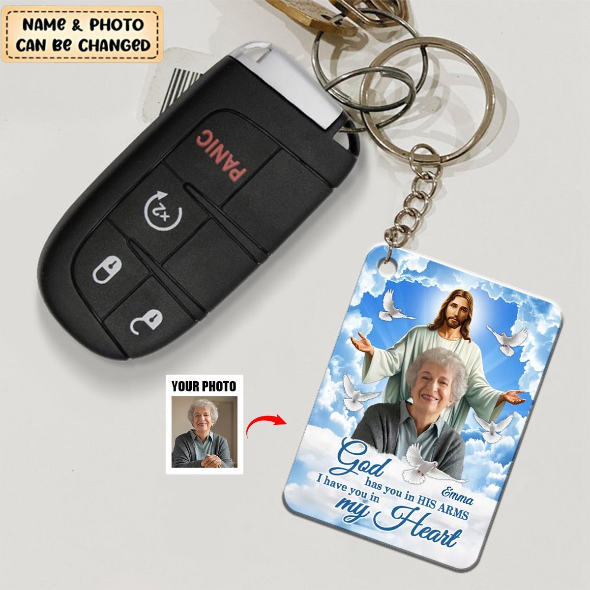 God Has You In His Arms Sky Memorial Sympathy Gift - Personalized Photo Acrylic Keychain - Image 3