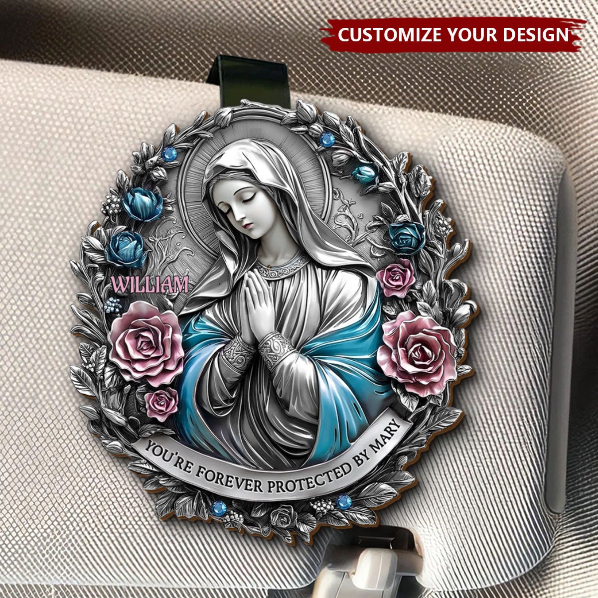 You're Forever Protected By Mary - Memorial Personalized Car Visor Clip - Image 2