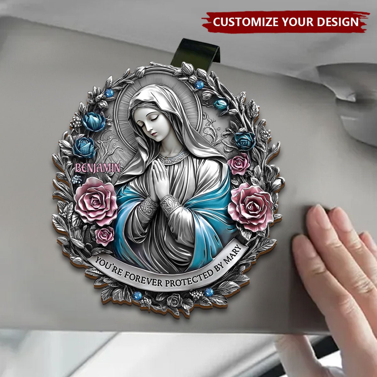 You're Forever Protected By Mary - Memorial Personalized Car Visor Clip - Image 3