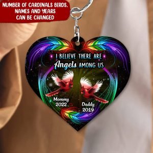 I Believe There Are Angels Among Us Cardinal Birds Feather Memorial Gift Heart Acrylic Keychain
