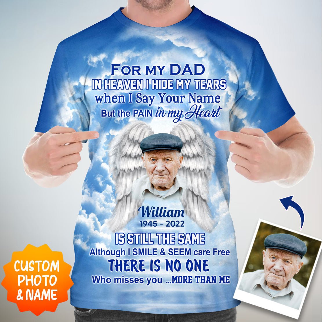 Memorial Upload Photo, In Heaven I Hide My Tears When I Say Your Name But The Pain In My Heart Personalized 3D T-Shirt - Image 2