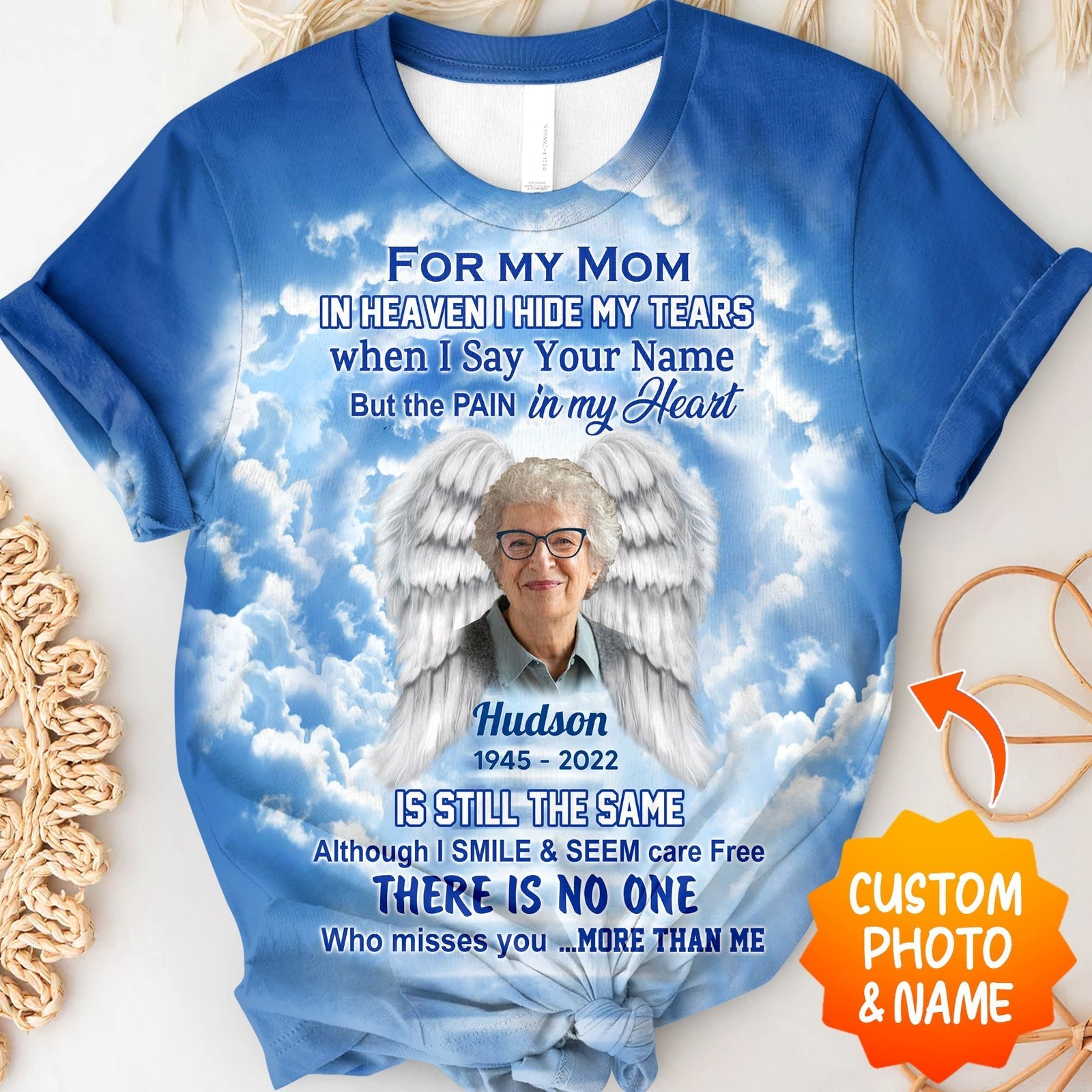 Memorial Upload Photo, In Heaven I Hide My Tears When I Say Your Name But The Pain In My Heart Personalized 3D T-Shirt - Image 3
