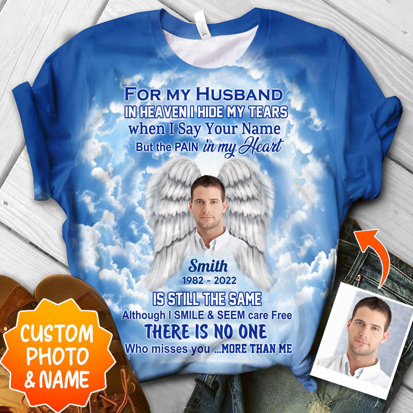 Memorial Upload Photo, In Heaven I Hide My Tears When I Say Your Name But The Pain In My Heart Personalized 3D T-Shirt - Image 4